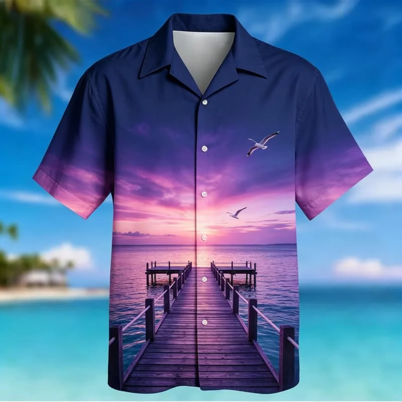 

Vibrant Tropical Coastal Print Short Sleeve Shirt Casual For Men ,suitable For Daily Wear With Scenic And Relaxed Charm