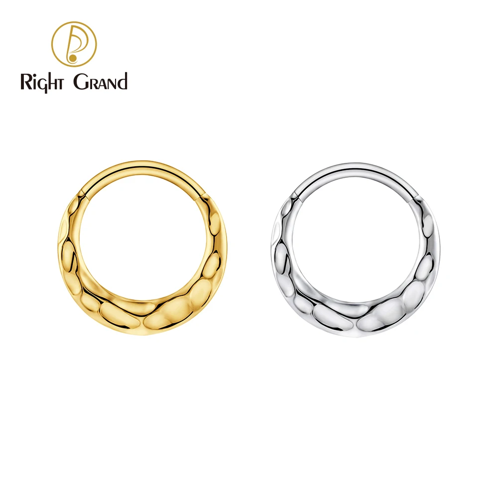 Right Grand ASTM F136 Titanium 16G Hammered Disc Septum Hoop Ring Textured Hinged Segment Nose Clicker 8mm/10mm Daith Rook Helix Earring Piercing Body Jewelry for Women Men