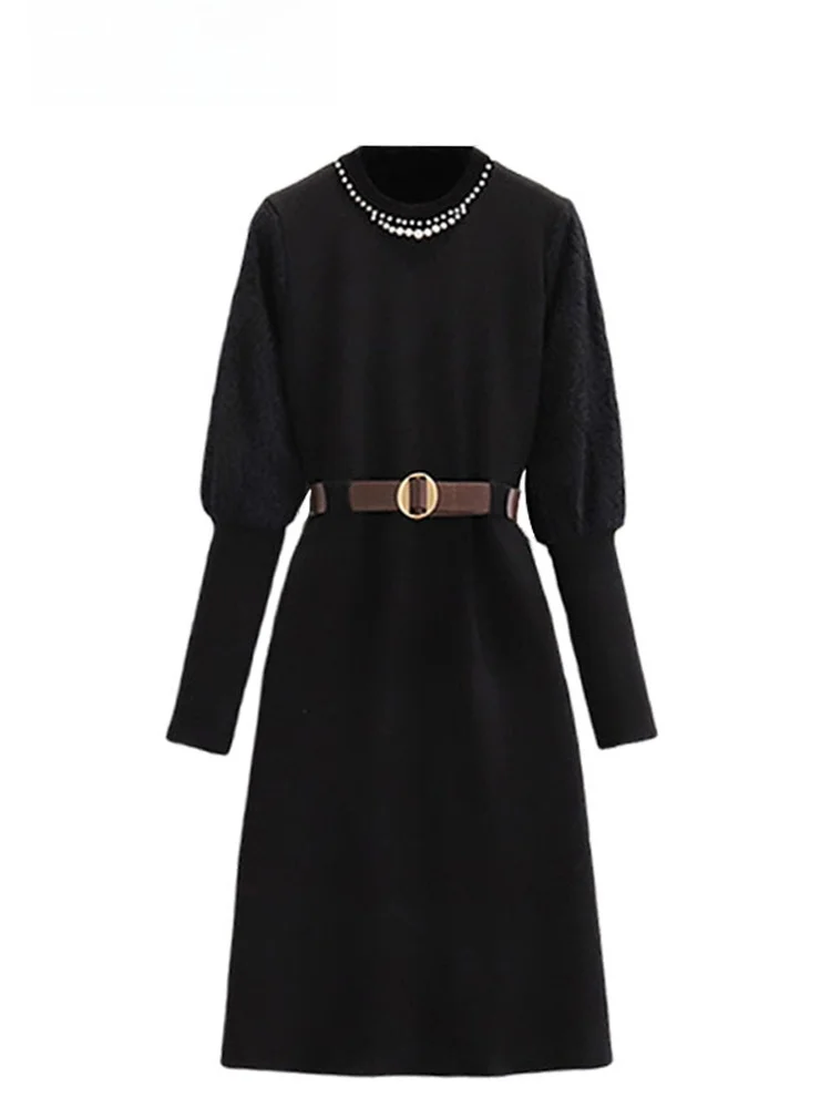 

Faionable трикотажное платье трапециевидной формы с высокой талией и силуэтом Long Sve средней длины Hebe Sle больших размеров женское платье на осень