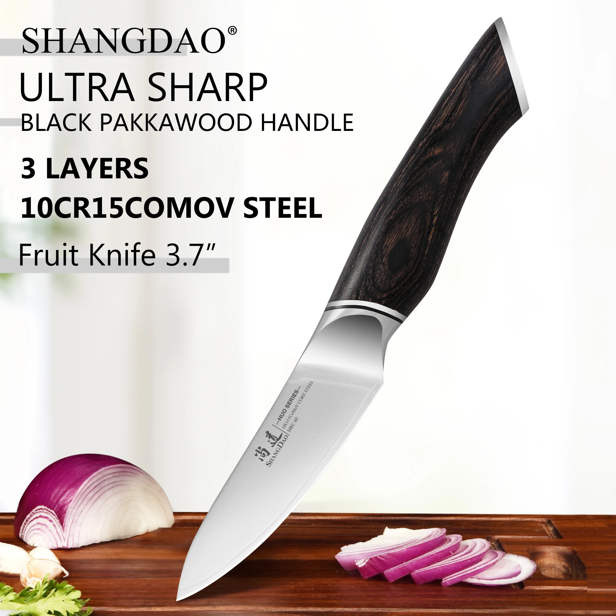 

SHANGDAO 3.7 inch Paring Knife, 3 Layers VG10 Alloy Steel Fruit Vegetable Peeling Knives, Pakkawood Handle, with Gift Box