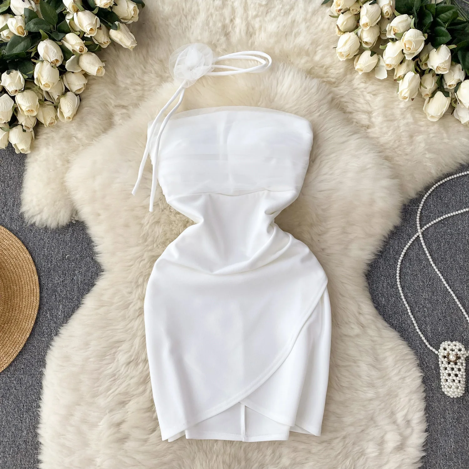 

Girl's Strapless Bra Dress Women's Tight Mesh Design Sexy Tube Slim Fit Dress Women's Small Unique Exquisite Beauty Mini Dresses