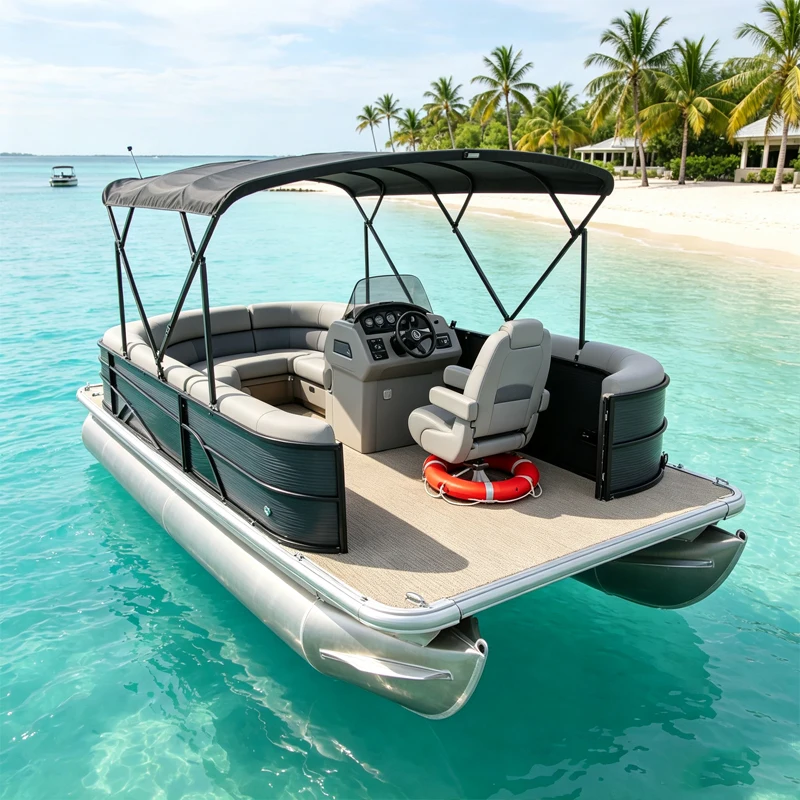Heavy Duty Black Pontoon Boat With Silver Aluminum Pontoons And Safety Ring Customized.  Customized