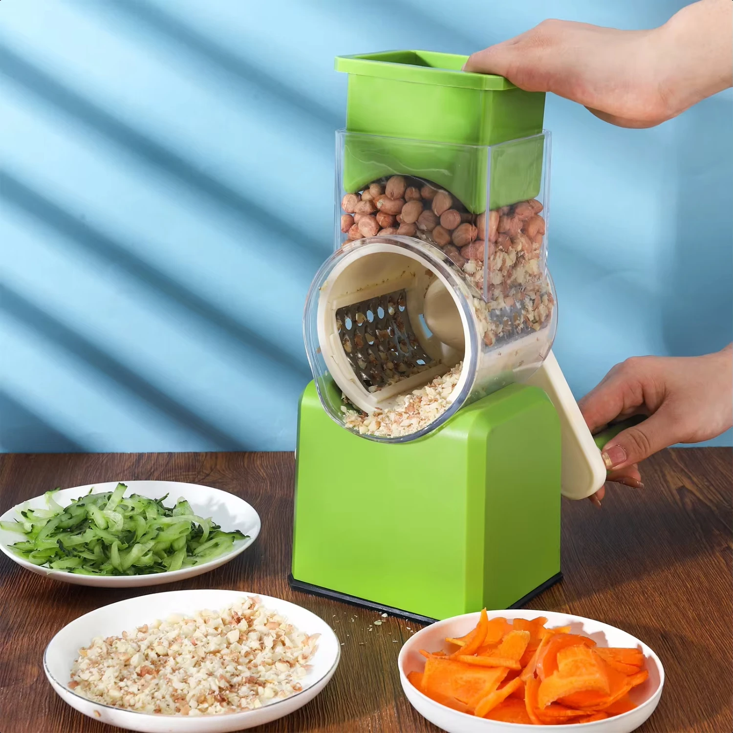 3 in 1 Rotary Cheese Grater, Manual Vegetable Slicer, Shredder with Handle & Strong Suction Base, 3 Interchangeable Blades