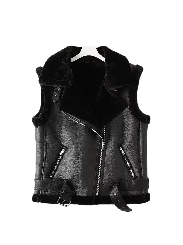 Ailegogo Streetwear Women Loose Thick Warm Sleeveless Faux Soft Fur Leather Vest Autumn Winter Female Zipper Belt Waistcoat Tops