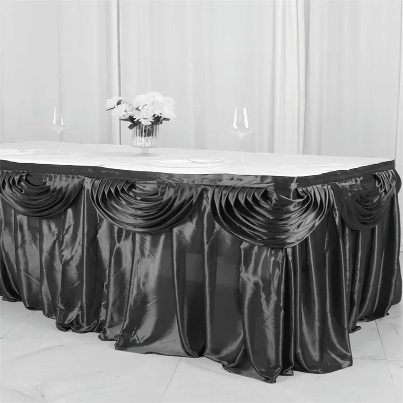 AllBlack  Ice Silk Table Skirt With Swag Drape Poly Tablecloth Skirting Event Party Wedding Banquet Decoration