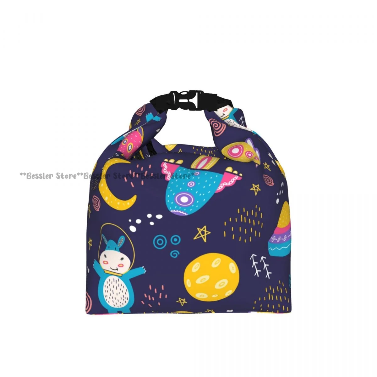 Portable Roll-top Insulated Cooler Lunch Bag Spaceships Moon Planets Hippo Thermal Food Bag for Travel Outdoor Camping
