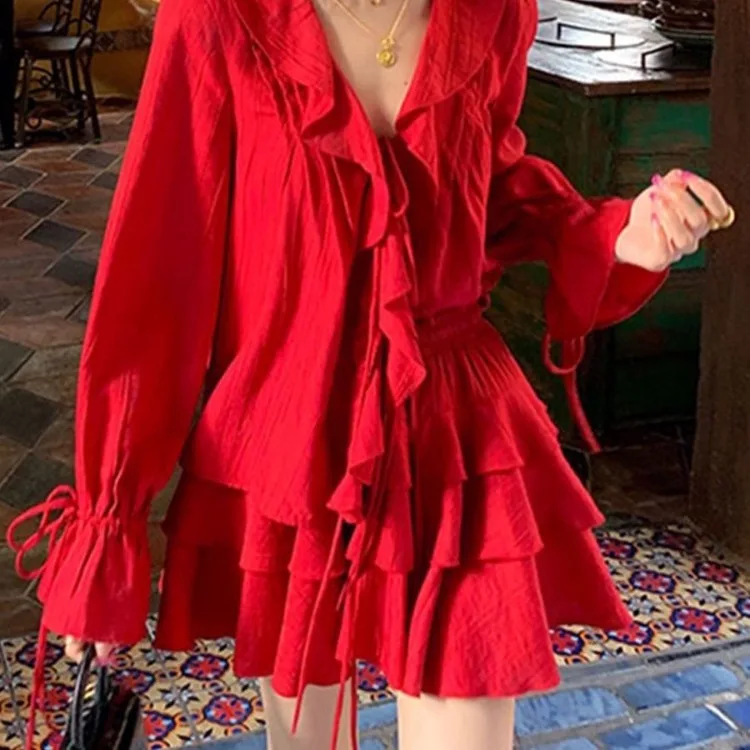 Elegant V-neck Ruffles Long Sleeve Tops Women+ Y2k E-Girl High Waist Ruched A-line Skirts Spring New Red Two Piece Sets