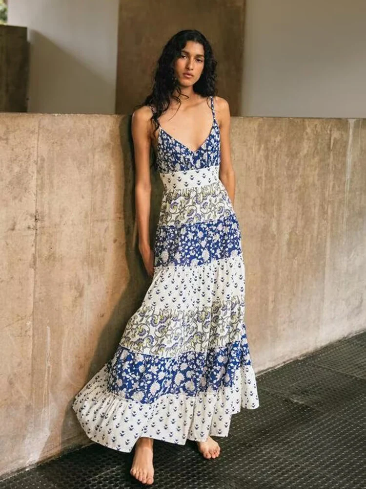 Boho floral impresso maxi vestido de verão feminino em camadas com tiras azul sem mangas arco vocação profundo v praia sexy senhoras vestidos novo