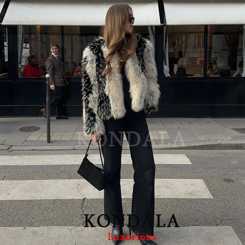 KONDALA Streetwear Patchwork manteaux de fourrure femmes col rond à manches longues vestes courtes mode 2026 printemps hiver décontracté élégant outwear