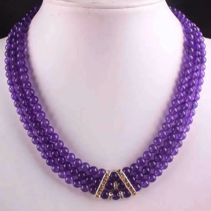 Pretty 3Rows 6mm Russican Amethyst Round beads Necklace