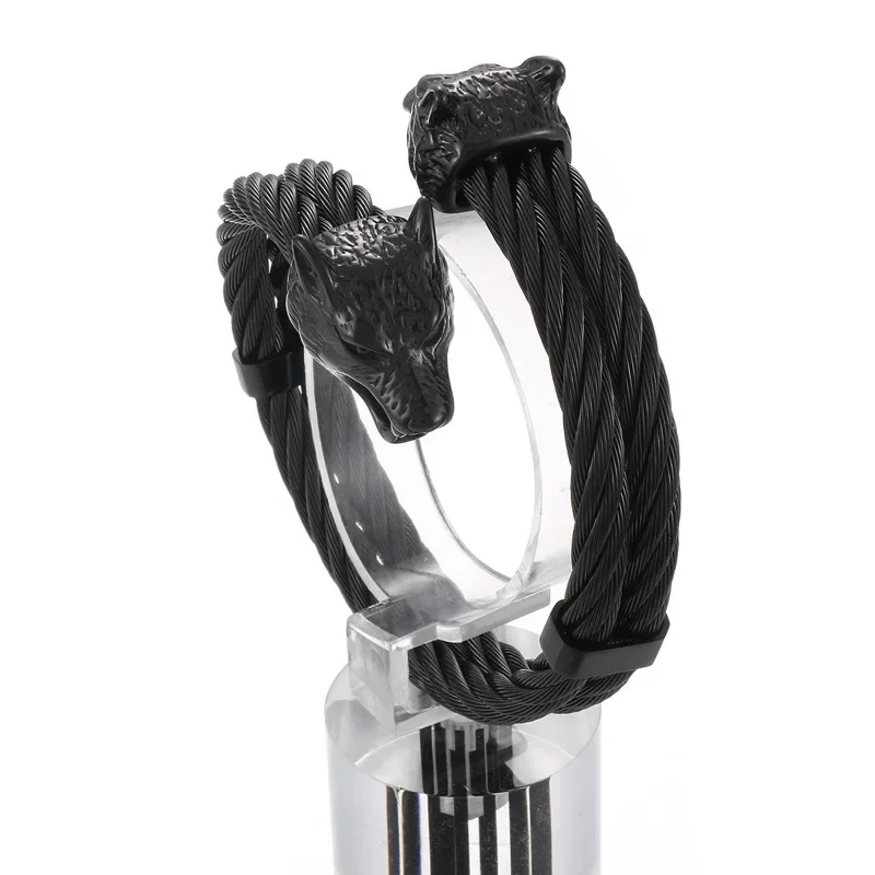 Rock Fashion Handwear Punk Vintage Wolf Head Double Men's for Ring Stainless Steel Open Elastic Bracelet