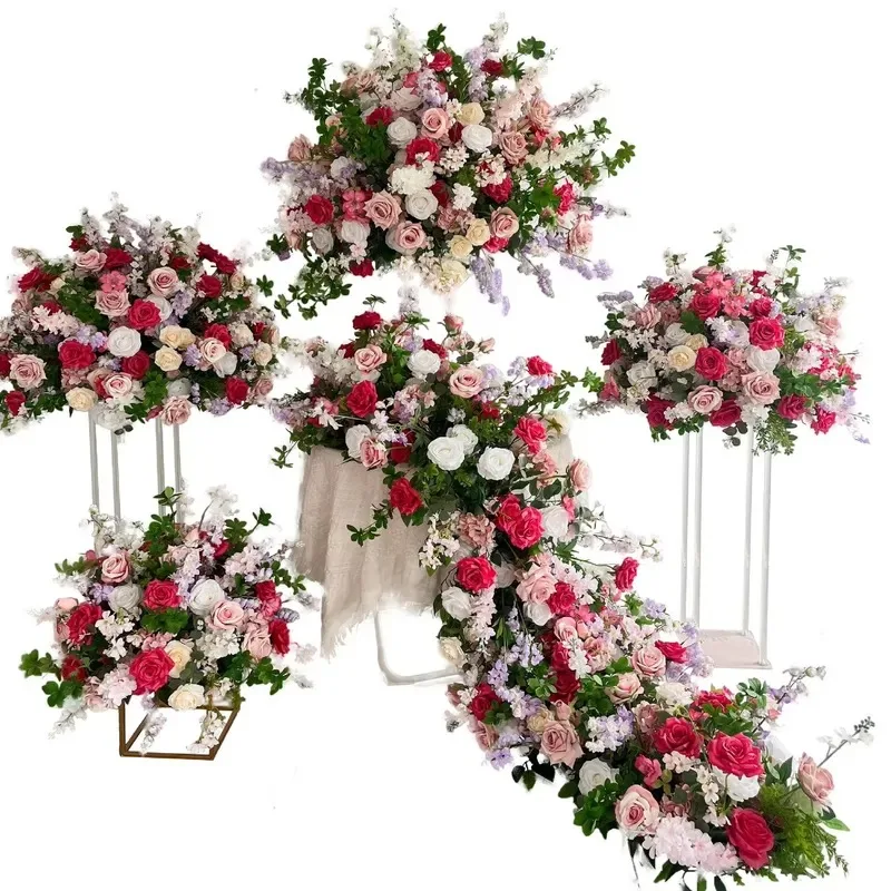 Modern Silk Artificial Flower Arrangement Set Luxury Rose Green Plant Wedding Party Reception Table Ornament Event Decoration