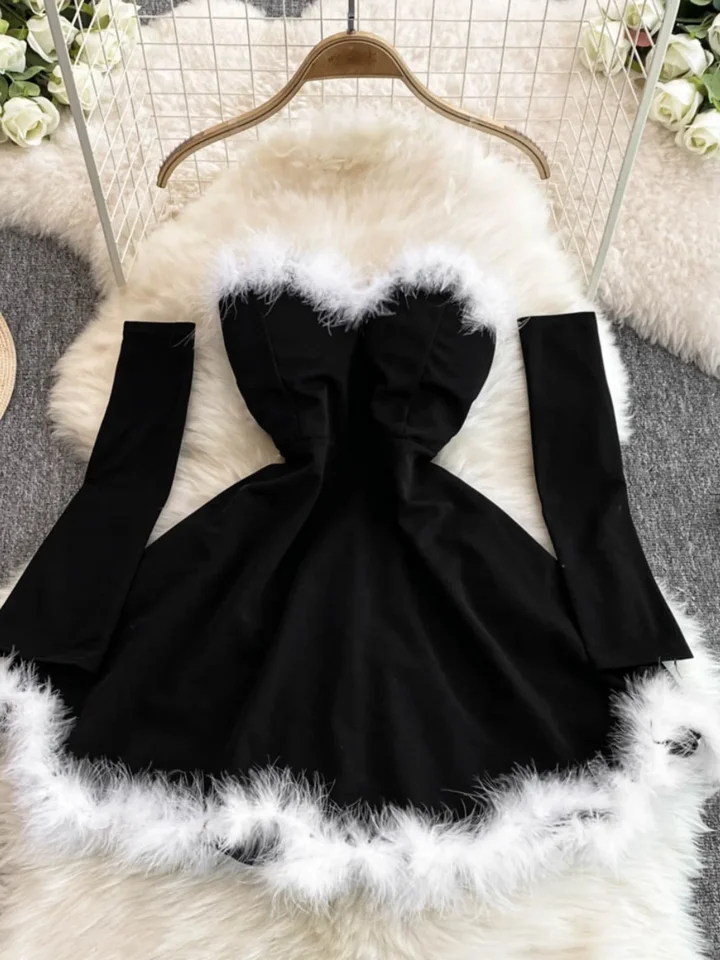Foamlina Women's Christmas Dress Sexy Low-cut Waist Thin Big Pendulum  Fluffy Splicing Suspender Tube Ling Dress Red - AliExpress 200000345