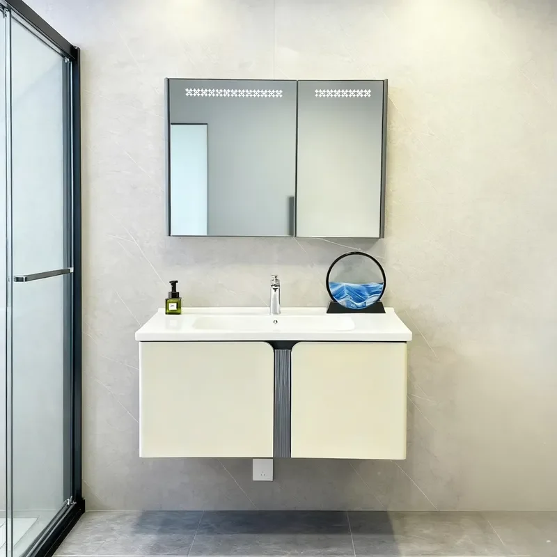 Modern Wall-Mounted Bathroom Vanity Wash Basin Cabinet With Seamless Ceramic Sink Silent Double-door Locker Smart Mirror