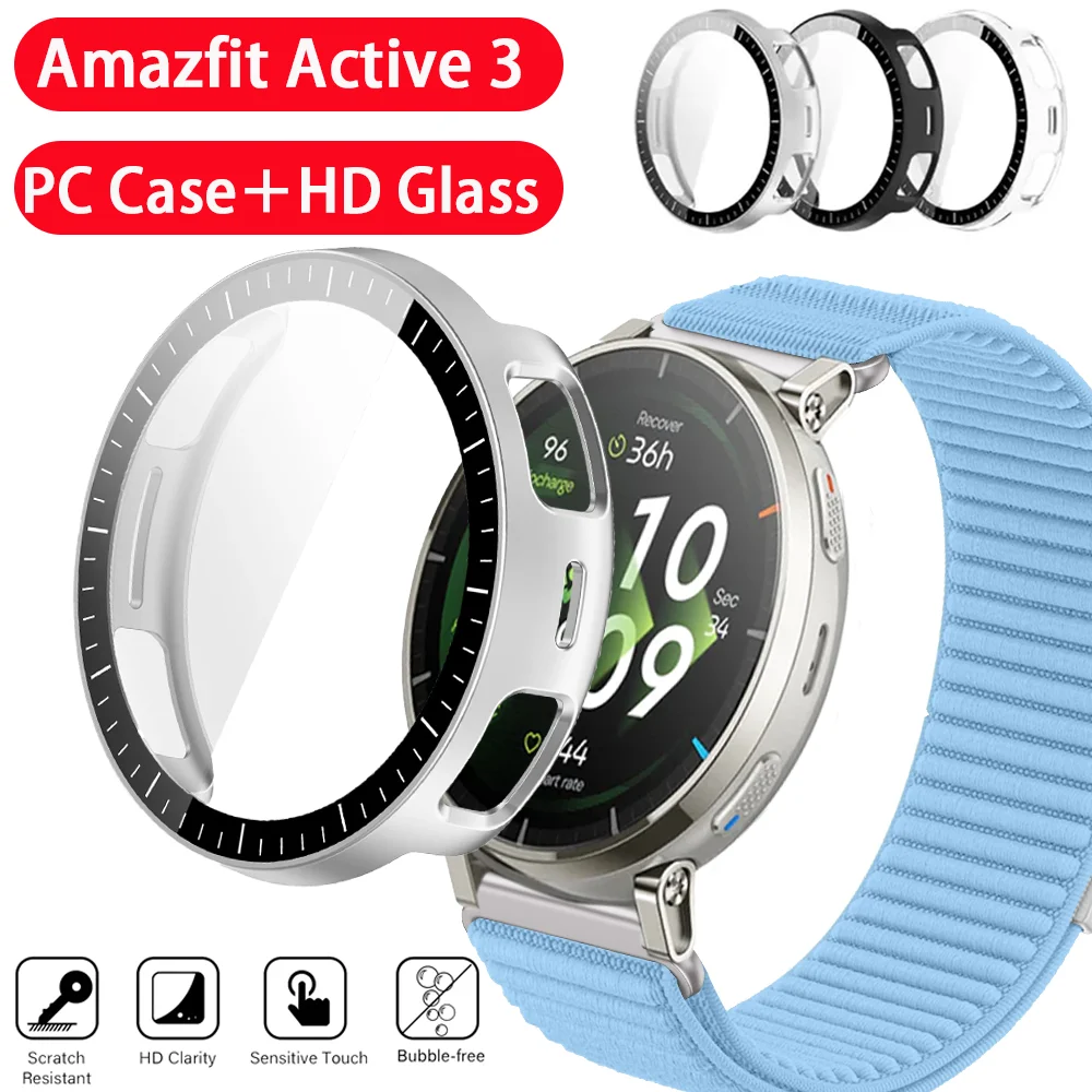 PC-Gehäuse + HD-Hartglas für Amazfit Active 3 Displayschutzfolie Rundum-Stoßschutz für Amazfit Active Max Cover Zubehör