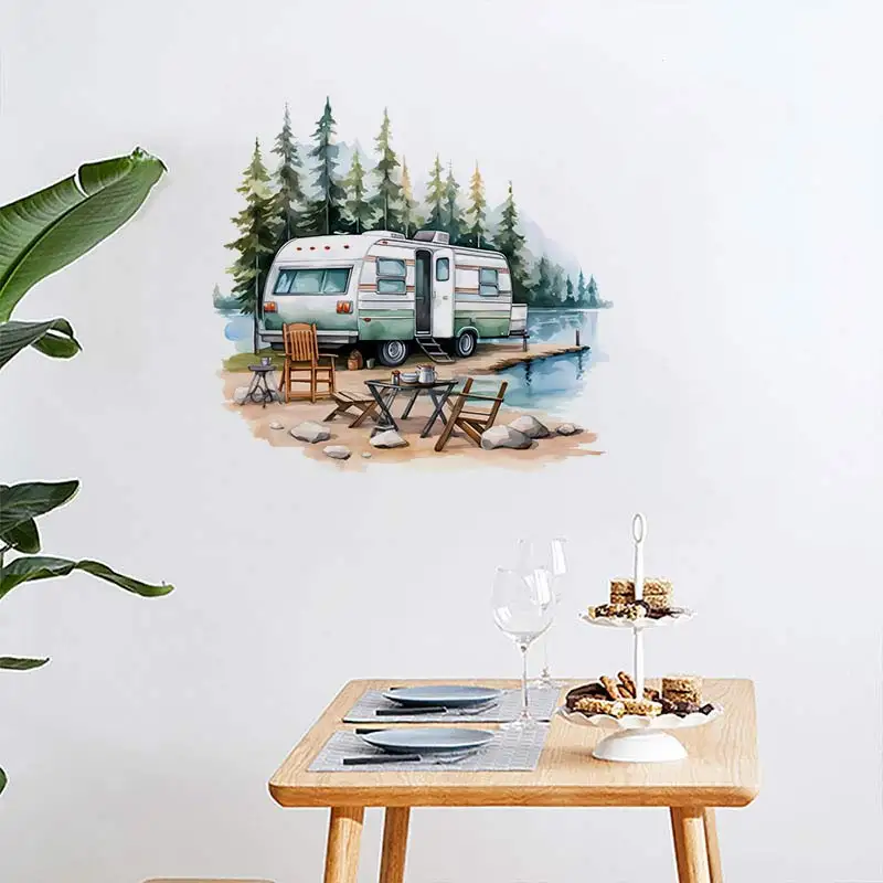 Outdoor Camping Van Retro  Wall Sticker Art Mural Living Room Bedroom Cabinet Decoration Home Decor Car Sticker S273