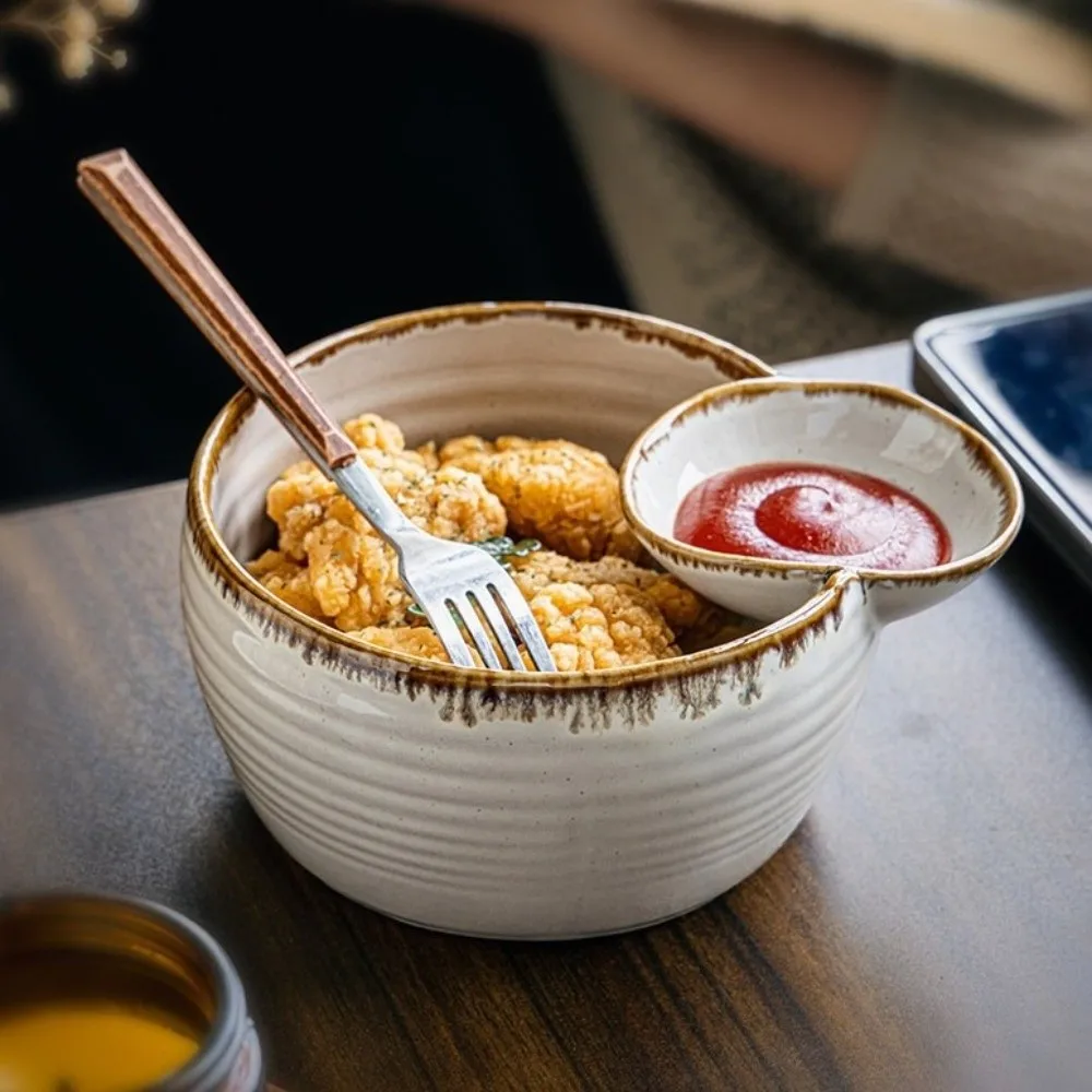 Japanese Style Single Ear Dipping Bowl Ceramic Creative Divided Snack Bowl Vintage Compartment French Fries Bowl Party Serving