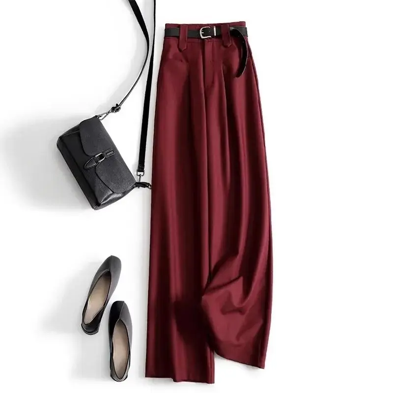 Wine Red Solid Office Lady High Waist Sashes Loose Straight Women's Pants Ankle-Length Trousers Pants For Women Clothing 2024