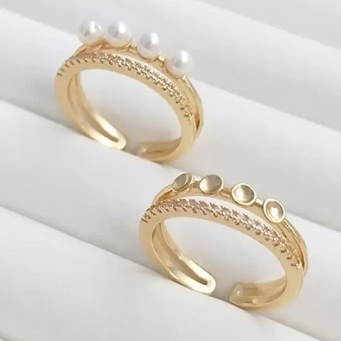 Pearl Setting 14K Gold-Color Micro-set Zirconia Bead Setting Ring Handmade DIY Inlaid Crystal Jade Opening Ring B694