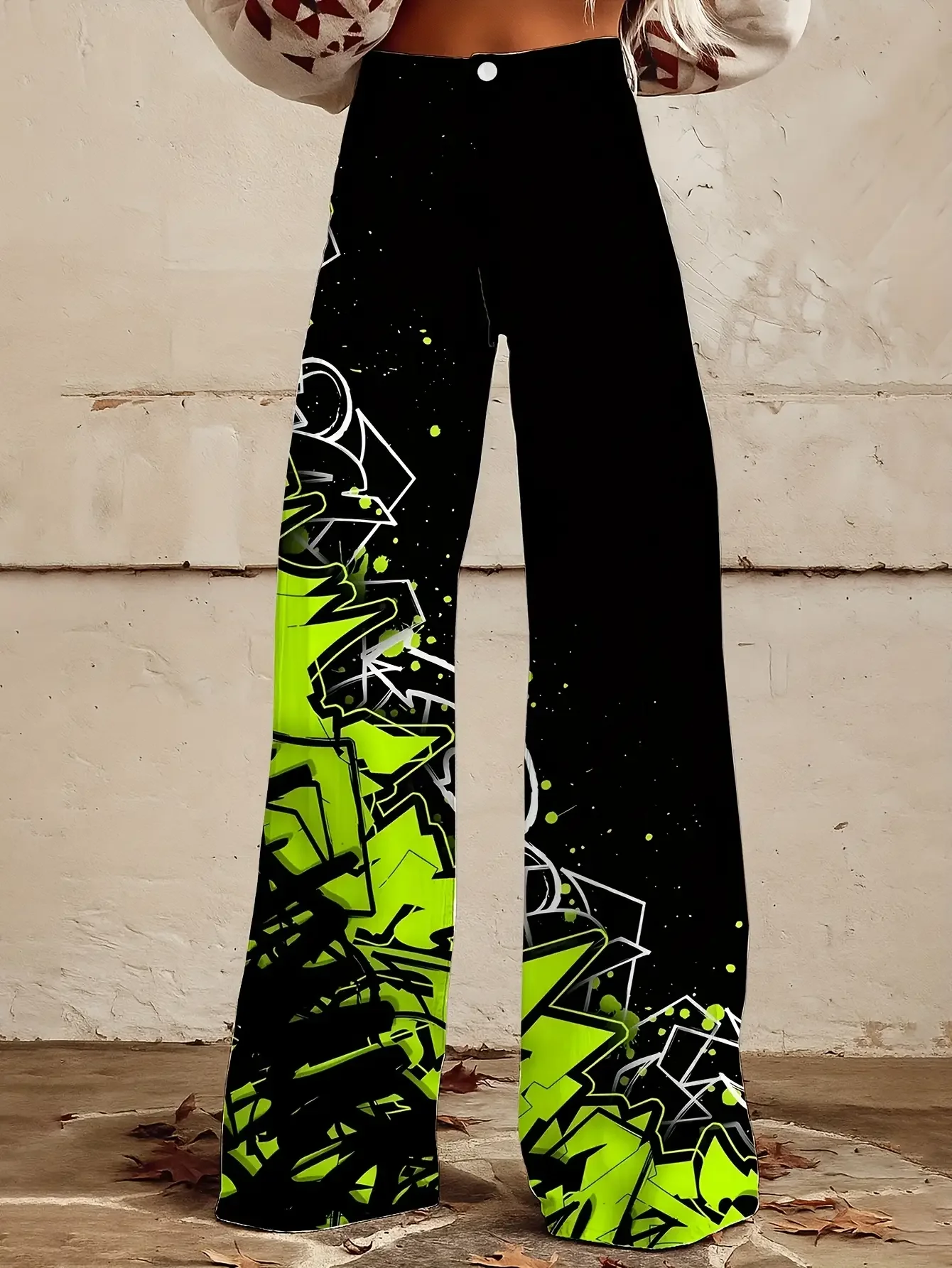 Ladies' casual jeans with colorful western prints , Retro fashion tie dye printed loose flared imitation jeans