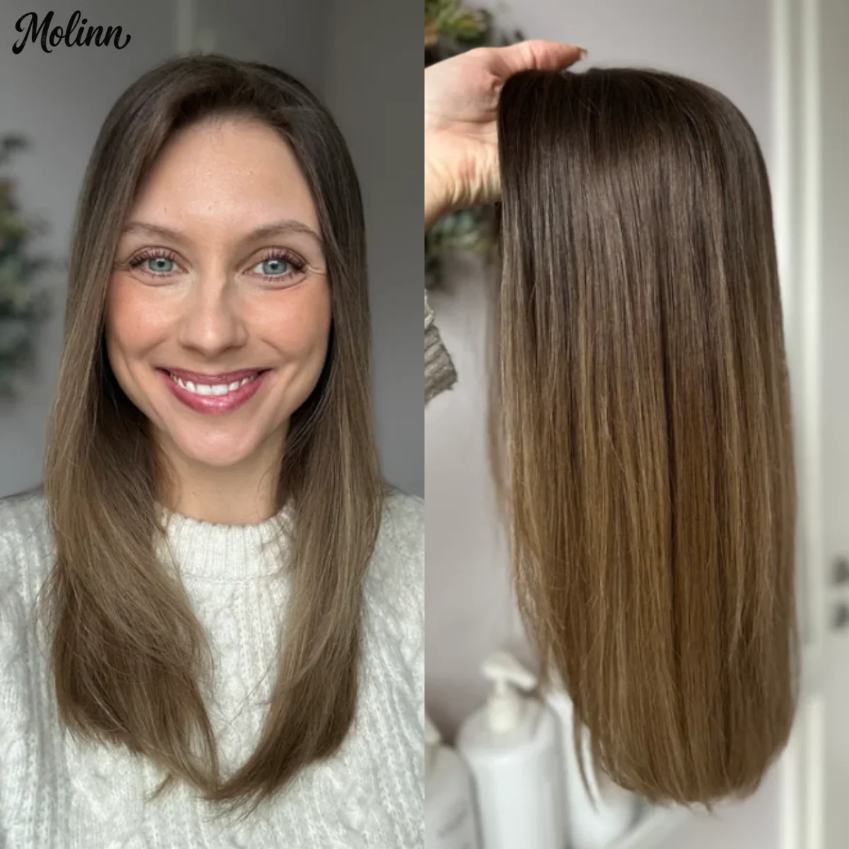 

Chestnut Brown Highlights Ombre Balayage Straight Hair Synthetic And Blend For Women Middle Part Realistic Daily Elastic Hair
