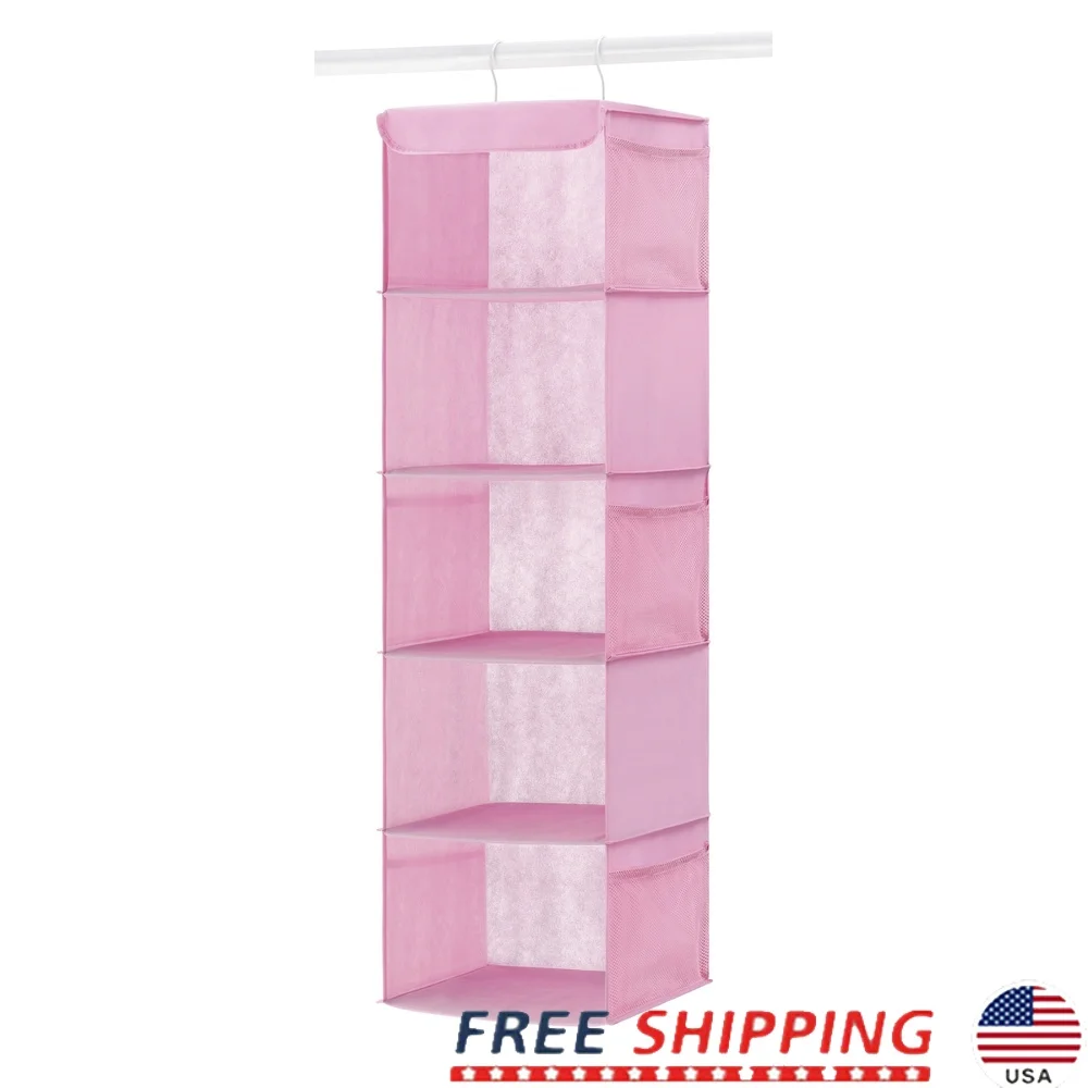 

5 Shelf Hanging Closet Organizer with Side Pockets Sturdy Fabric Storage Rack Clothes Shoes Accessories Easy Assembly