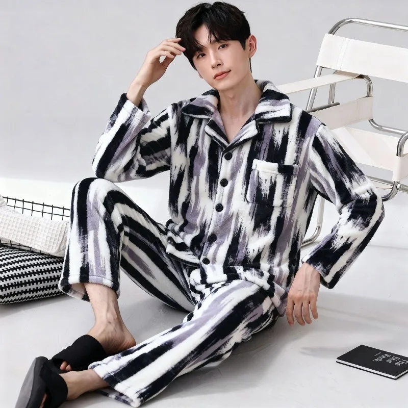 

Fluffy Flannel Striped Pajamas Set Men's Winter Korean Youth Sleepwear Plush Velvet Thickened Warm Home Clothes Fleece Outfits