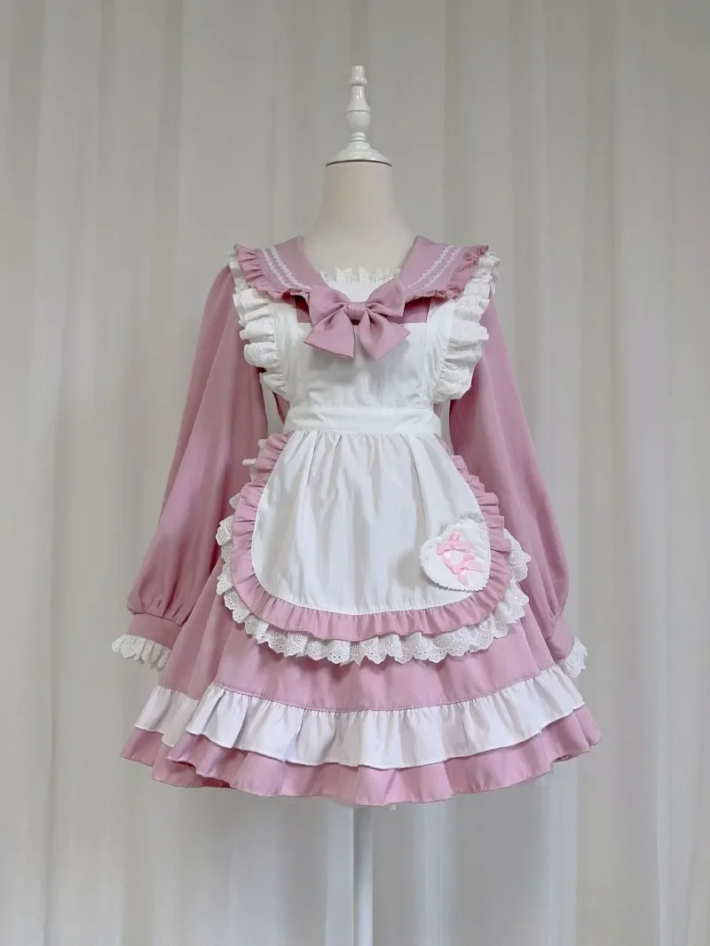 Marinha japonesa Colarinho Cosplay Traje, Doce e Bonito Saia Lolita, Maid Avental, Roupa de Manga Longa, Roupas