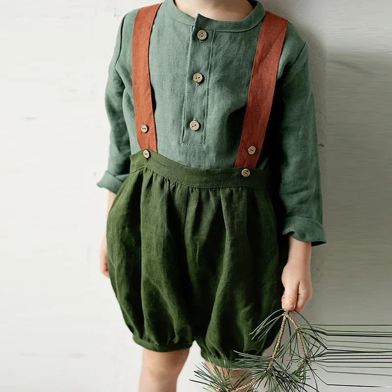 Chic Casual Cotton Linen Shirt Children's 2024 New Retro Round Collar Buttons Long Sleeved Boys and Girls Tops Autumn Clothing