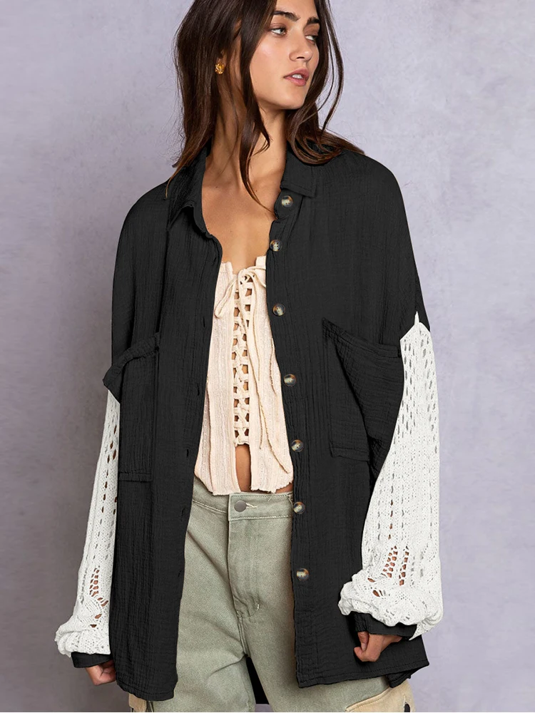 

Autumn Casual Loose Women Shirt Lace Patchwork Single-breasted Fashion Long Sleeve Elegant Solid Color Literary All-match Tops