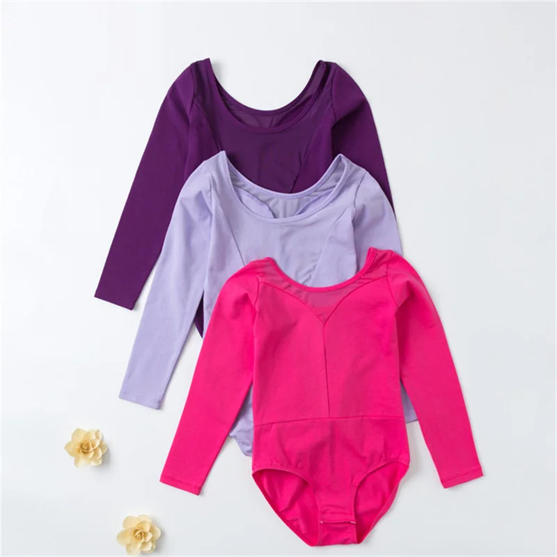 Wholesale High Quality Kids Girls Lilac Long Sleeve Spandex Mesh Ballet Leotards