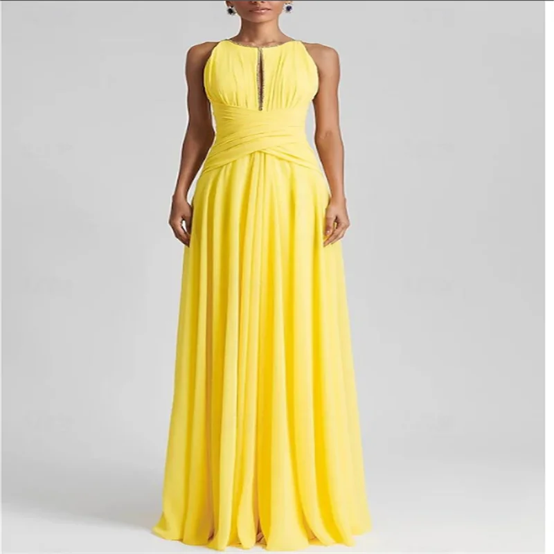 Abiti da ballo a trapezio lunghi fino al pavimento Eleganti senza maniche con collo gioiello Chiffon formale per invitati al matrimonio con pieghe glitterate con strass