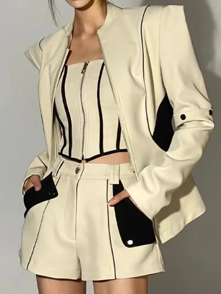Hot Girls Y2k Beige Suit Fall/Winter New Fashion Motorcycle Jacket Strapless Tops Wide Leg Shorts Slim Retro 3-Piece Sets Women — zdjęcie 7