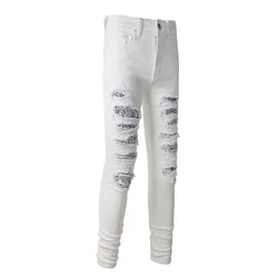 White Distressed Holes Paisley Bandanna Patchwork Skinny Stretch Ripped Jeans Men