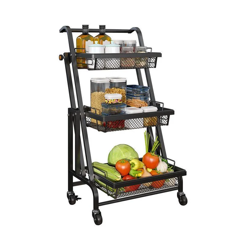 @！3-Layer Metal Wire Kitchen Trolley Cart Foldable Food Service Island Cart Home Utility Rolling Organizer Minimum Order 1 Pc
