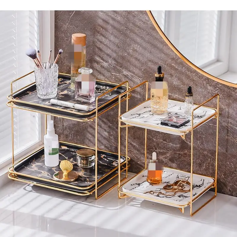 Iron Art Black White Marbling Ceramic Storage Rack Square Double Layer Shelf Desktop Cosmetic Organizer Decoration Tray