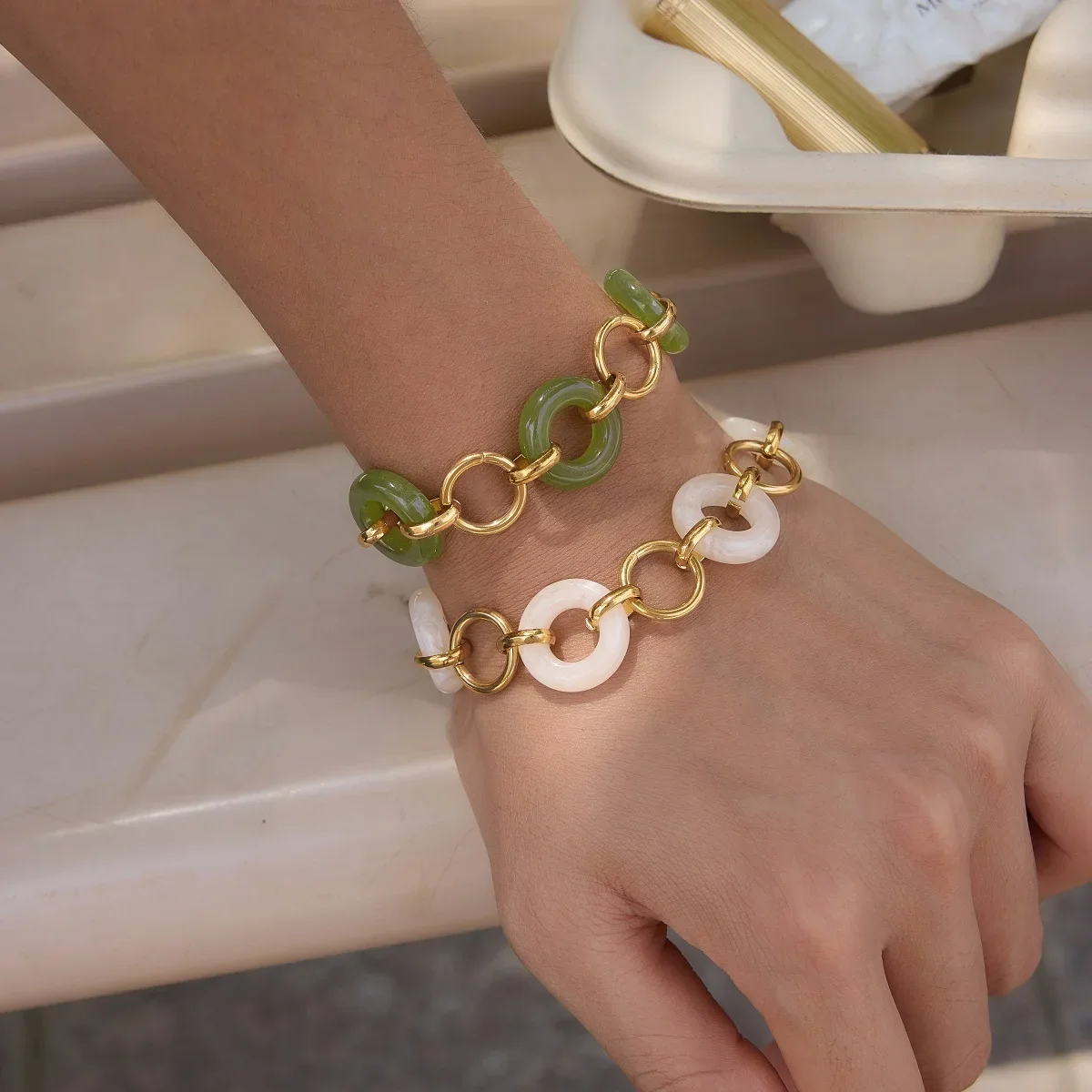 2026 Classic White Green Resin Rings Splicing Bracelet For Women 18K PVD Gold Plated Stainless Steel Bracelets Jewelry Gifts