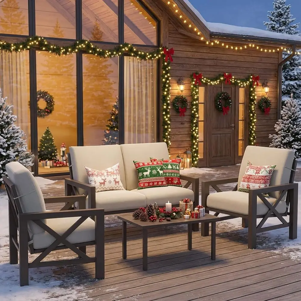 

4-Piece Outdoor Metal Sectional Patio Furniture Set with Loveseat, 2 Chairs, and Table, Beige Cushions Included