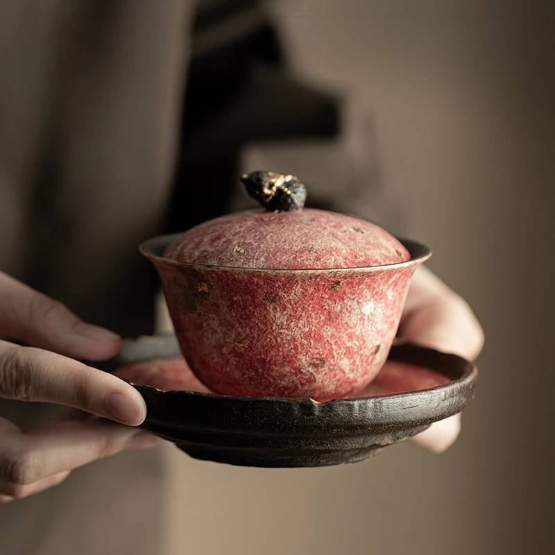 

Rock and mineral colored pottery Fulu cover bowl Chinese retro ceramic anti-scalding tea bowl Kung Fu tea set gift box