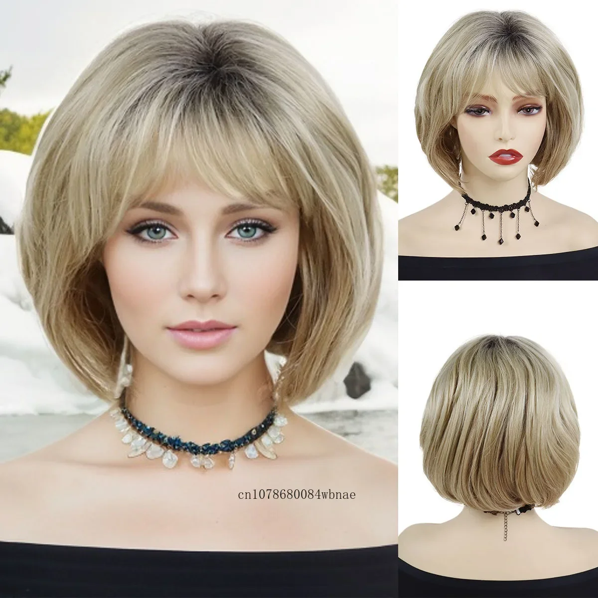 

Bob Cut Natural Synthetic Hair Wigs for Women Lady Blonde Wigs with Bangs Daily Dress Party Adjustable Cap Size Heat Resistant