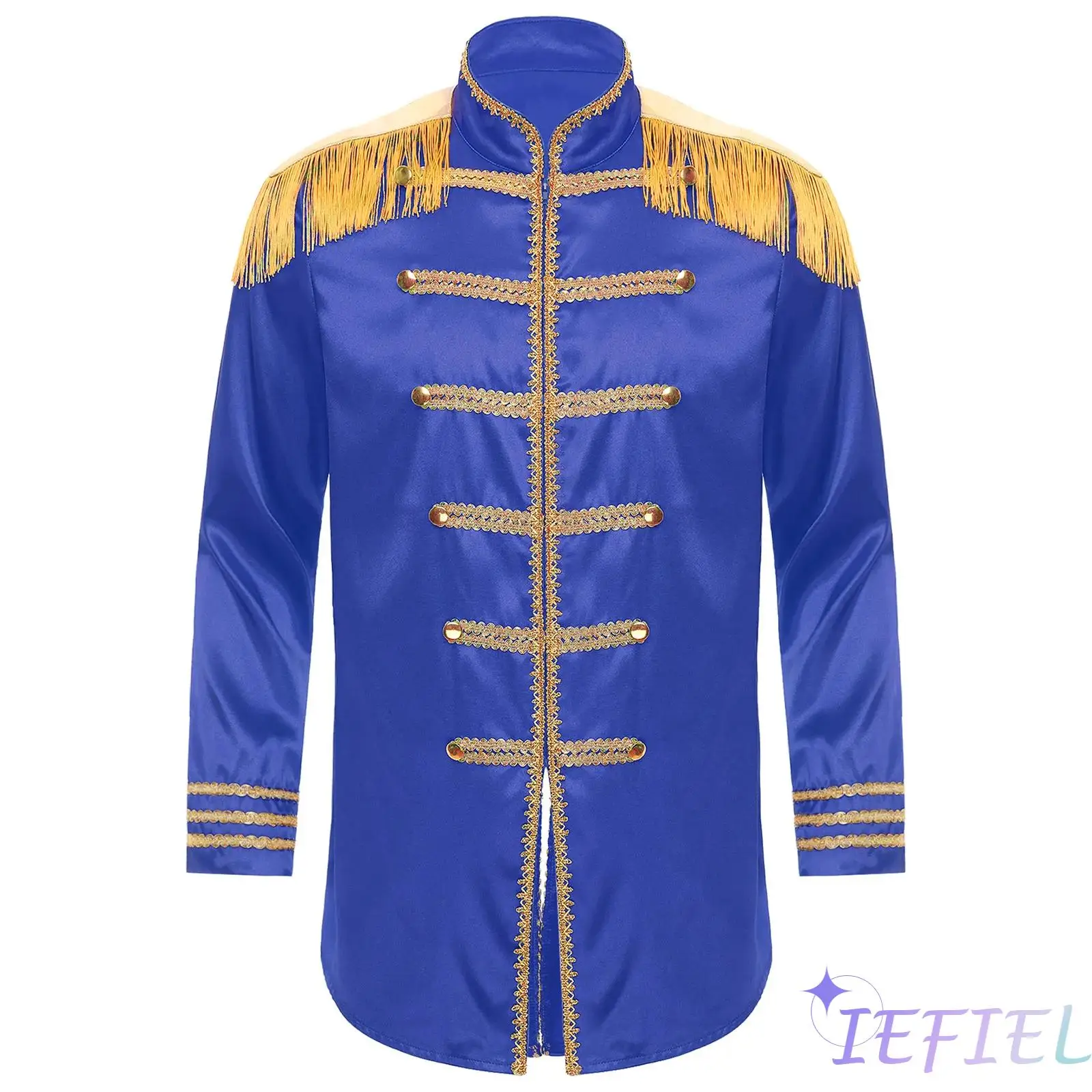 

Mens Halloween Hippy Medieval Long Outerwear Tassel Shoulder Boards Gold Trims Front Zip-up Satin Jackets Cosplay Costumes