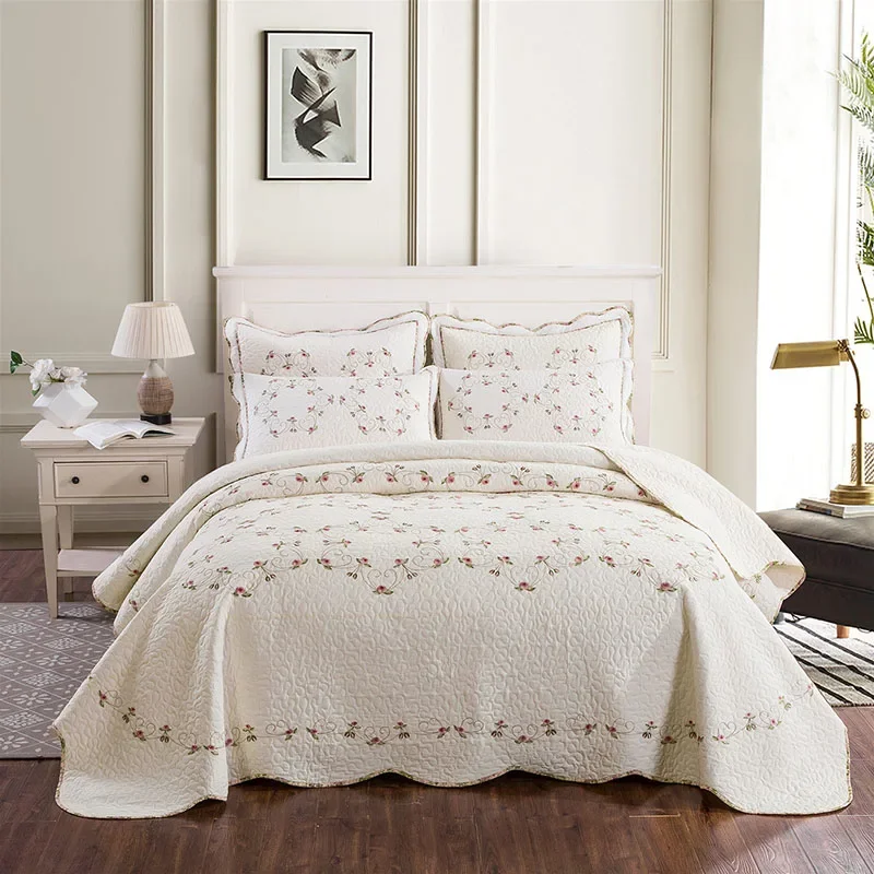 

Elegant Embroidered Cotton Quilt Set 3PCS Bedspread on the Bed Coverlet King Queen Size Solid Color Comforter Blanket for Bed