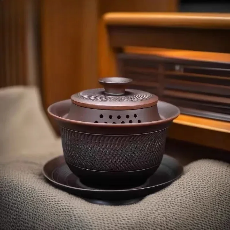 180ml Purple Pottery Jump Knife Gaiwan Japanese Tea Tureen Household Bowl Tea with Lid Kit Making Cover Bowl Cafe Collection