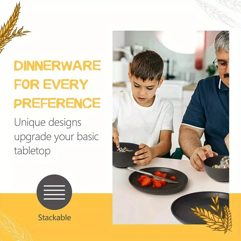 32 pieces black kitchen plastic wheat straw tableware set, a modern tableware set that is not easy to break