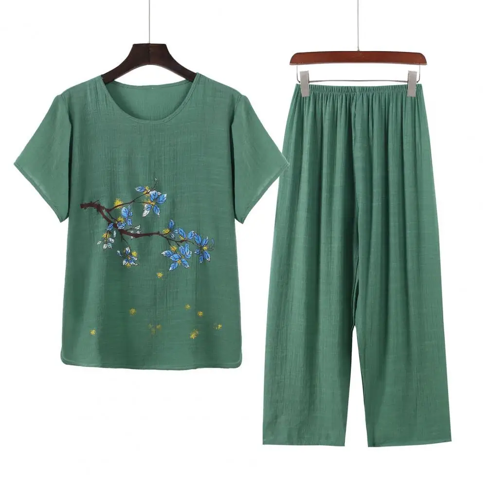 2 Pcs/Set Mid-aged Women Pajamas Set Flower Print Pleated Loose Thin Wide Leg Mother Grandmother Sleepwear Top Pants Pajamas Set