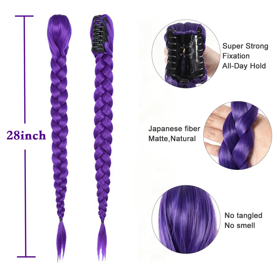Extensión de cola de caballo morada de 26 pulgadas con clip, para cosplay de niñas en Halloween y Navidad 5