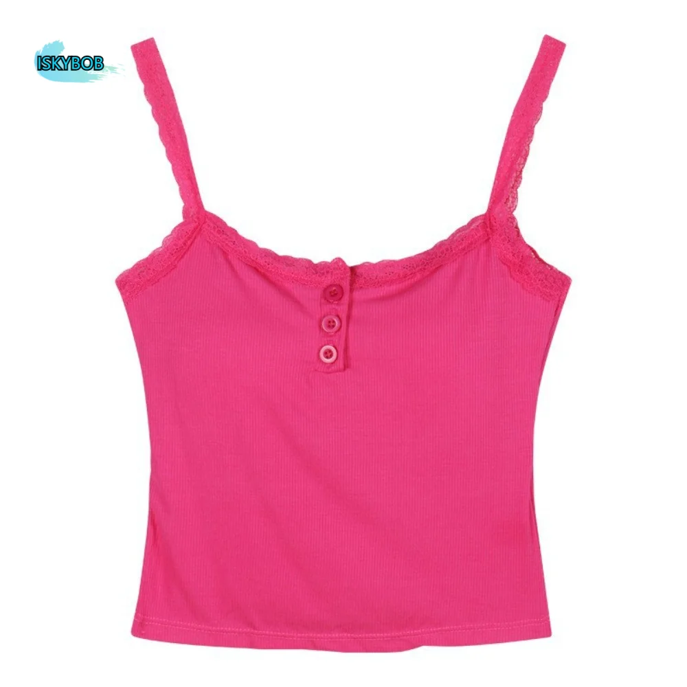 

Sweet Lace Crop Top Spicy Girls Style Sleeveless Girl's Vest Top Bottoming Shirt Sling Tank Camisole with Pads Spring and Summer