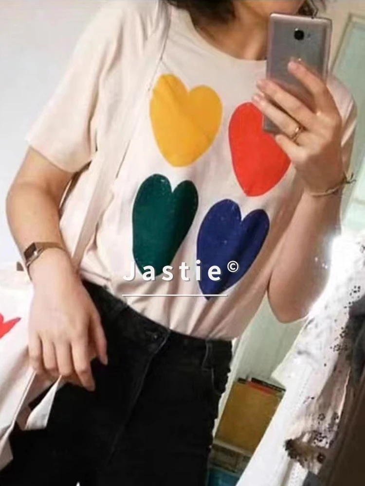 

French Sweet Hearts T-Shirt Women O-Neck Short Sleeve Summer Shirts Tops Retro Casual Boho Woman Tshirts Harajuku Tees