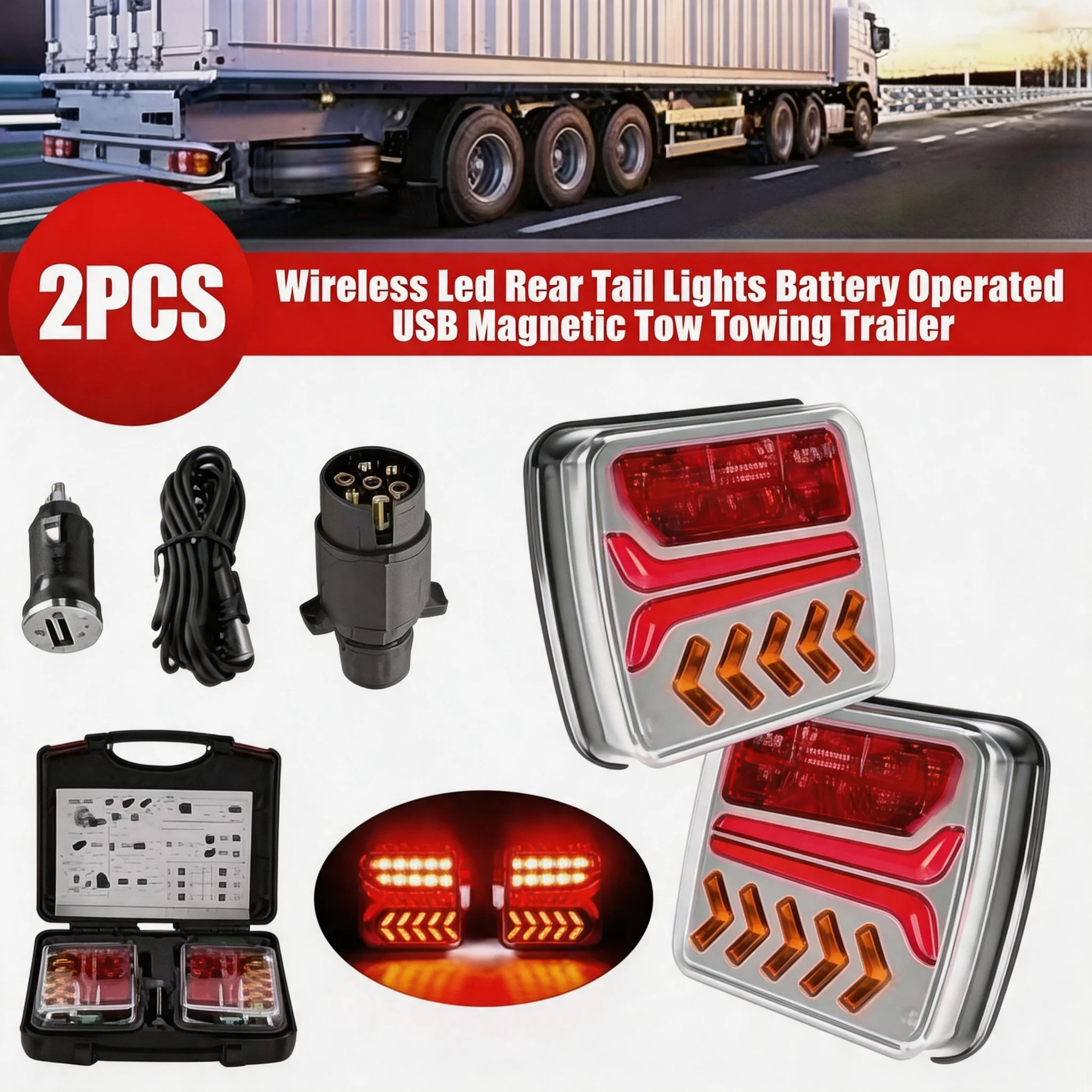 LED Truck Tail Light 12V 24V Wireless Magnetic Trailer Rear Signal Warning Brake Light Lamp for Vehicle Warning Lighting