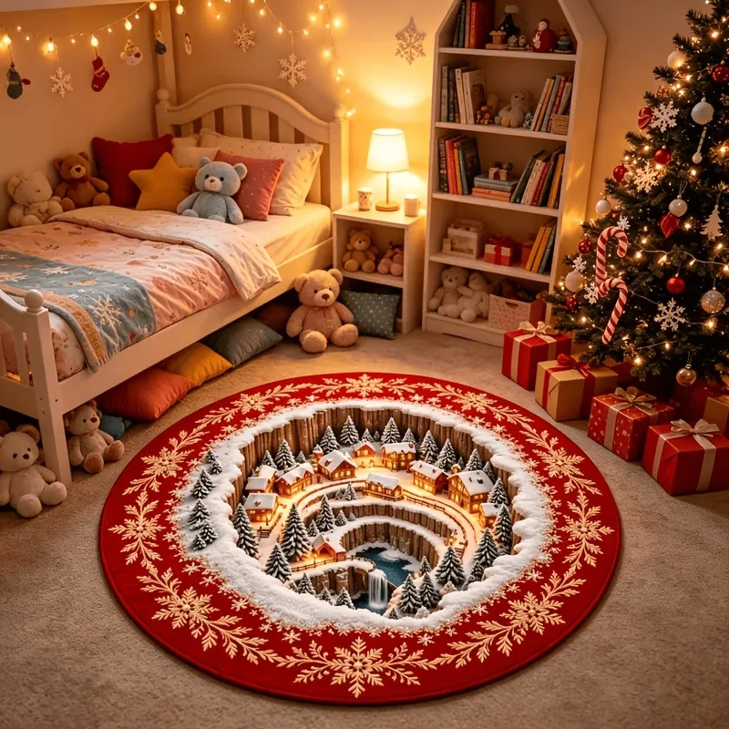 Round Area Rug 2D Flat 3D Illusion Golden Vortex Carpet Flannel Fluffy Soft Baroque Wreath Entrance Way Doorway Rug